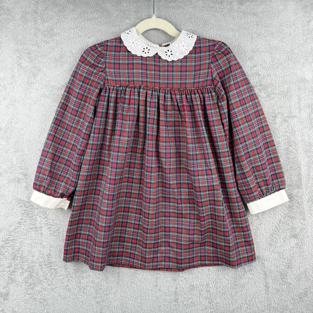 Sears‎ Dress Girls 6 Multicolor Plaid L/S Lace Collar Cotton Blend USA Made VTG